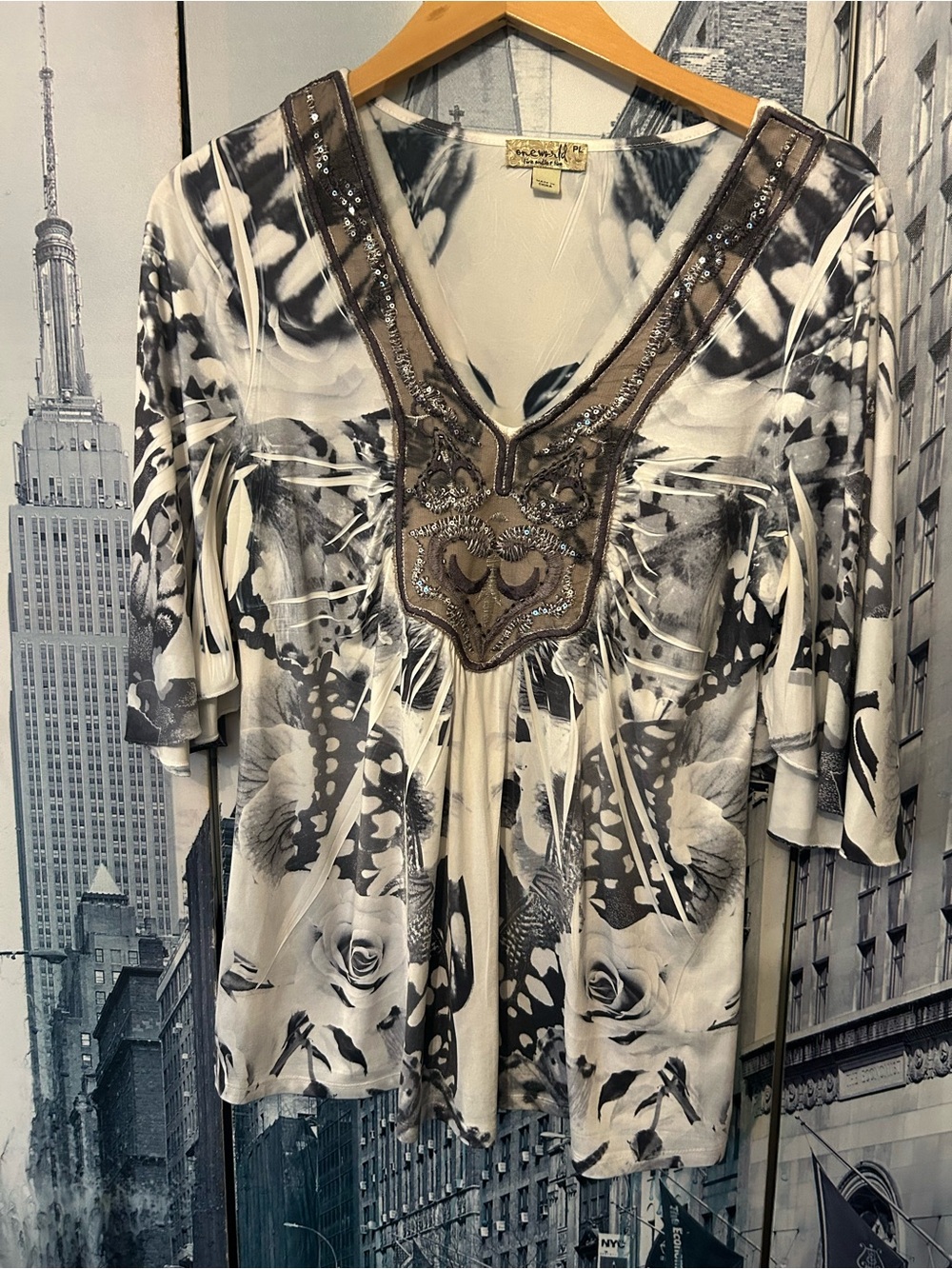 One world-  Black and Cream Beaded V-Neck Tunic